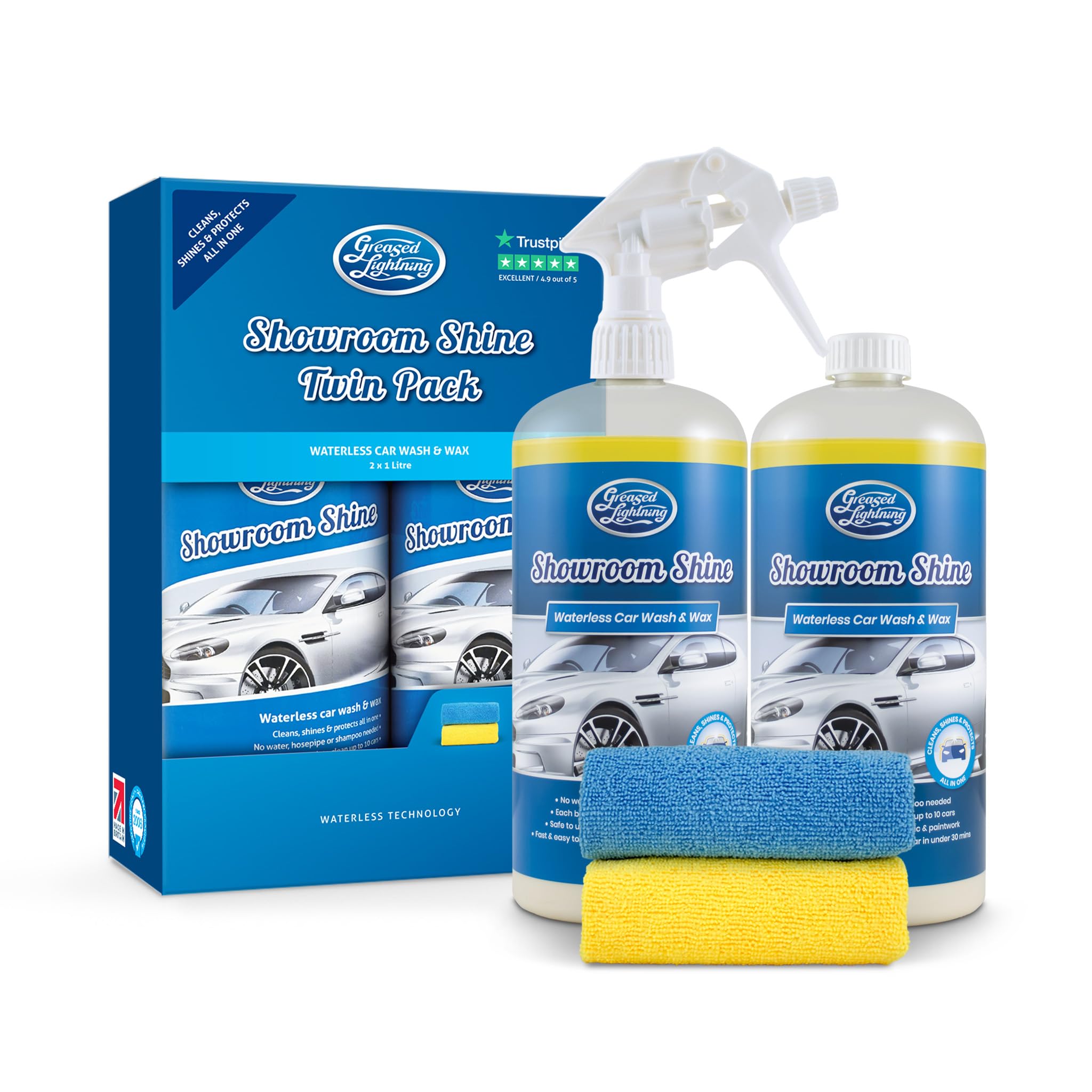 Greased Lightning Showroom Shine Waterless Car Wash and Wax Twin Pack, Easy and Fast, No Water, Premium Shine, Protects and Cleans, for Cars, Caravans, Motorbikes, 1 Litre x 2 Plus 2 Microfibre Cloths