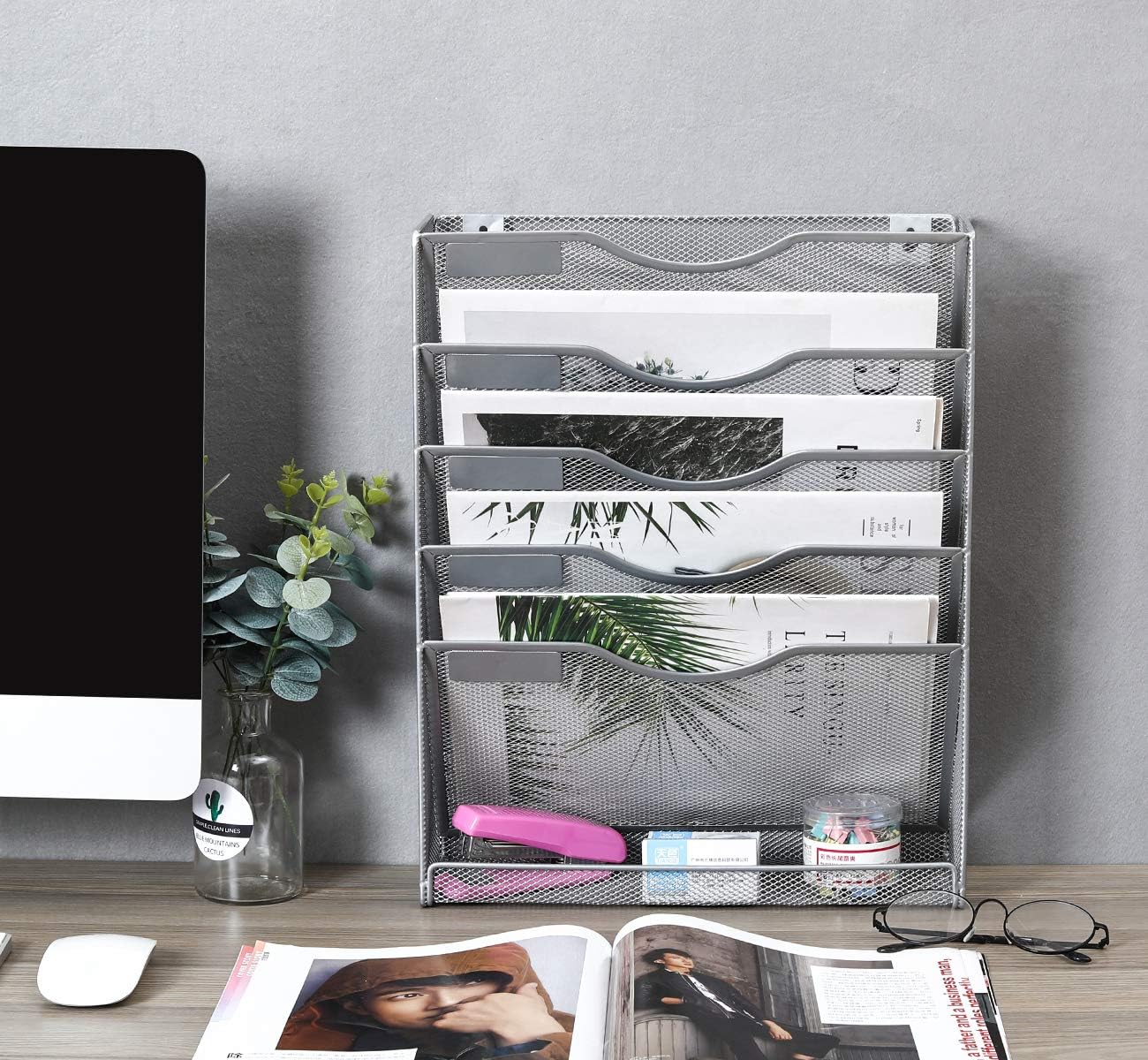 EasyPAG Mesh Wall File Holder 5 Tier Vertical Mount Hanging Organizer with Bottom Flat Tray, Silver : Office Products