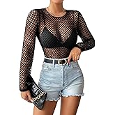 GORGLITTER Women's Fishnet Top Shirt Gothic Long Sleeve Crew Neck Fall Rave Goth Festival Concert Grunge Going Out Tops