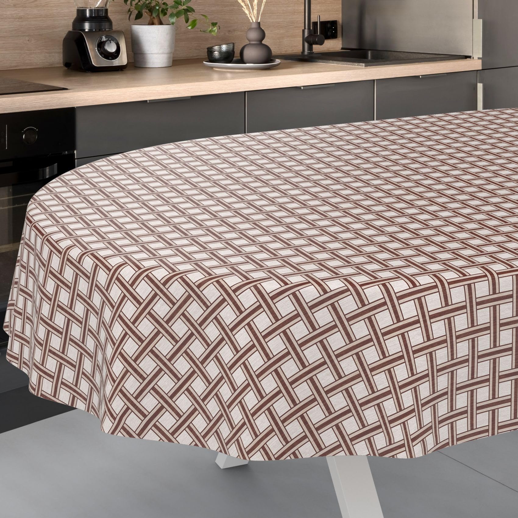 ANRO Oilcloth Tablecloth, Washable, Oilcloth, Garden Tablecloth, Outdoor, Indoor, Oval, 240 x 140 cm, Cut Edge, Checked Beige