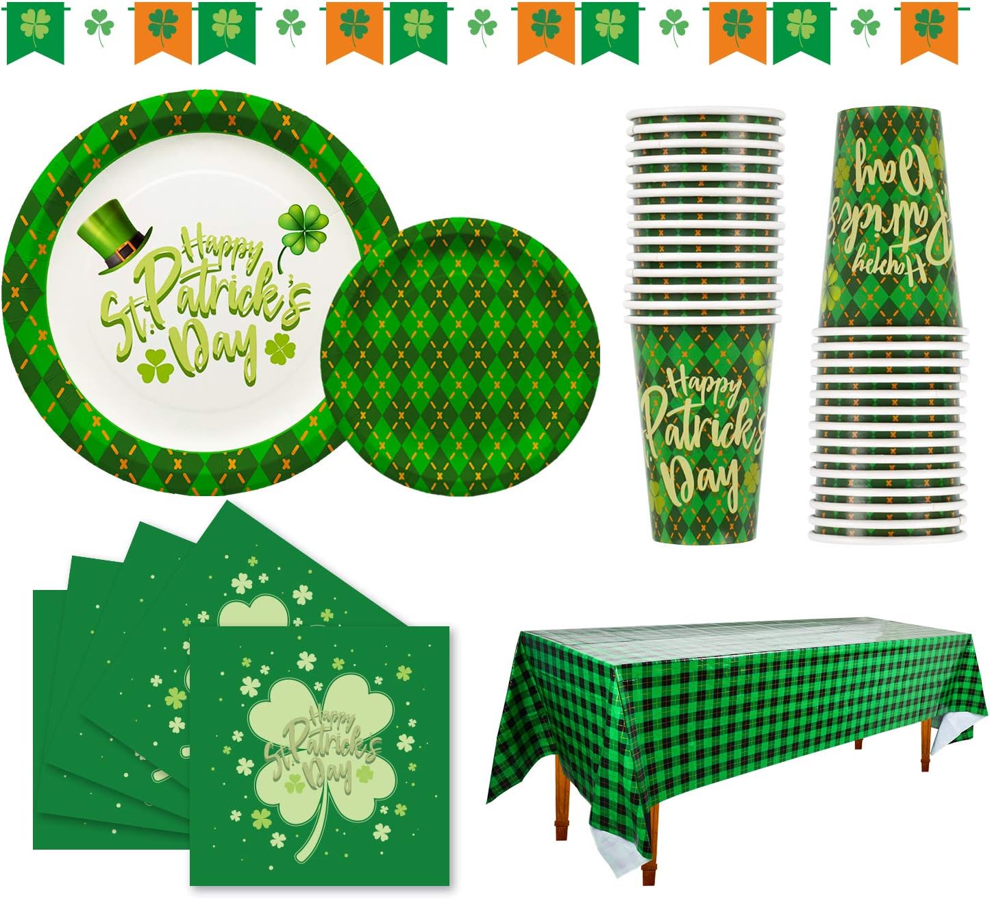 St Patrick's Day Party Supplies - SERVE 30 - Shamrocks Disposable Paper Plates Cups Napkins Tablecloth and Banner for Irish Saint Patrick Party