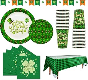 St Patrick's Day Party Supplies - SERVE 30 - Shamrocks Disposable Paper Plates Cups Napkins Tablecloth and Banner for Irish Saint Patrick Party