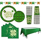 Gatherfun St Patrick’s Day Party Supplies Green Shamrocks Green Plaid Disposable Paper Plates, Napkins, Cups, Tablecloth and Banner for Green Irish Party Decorations Serve 30