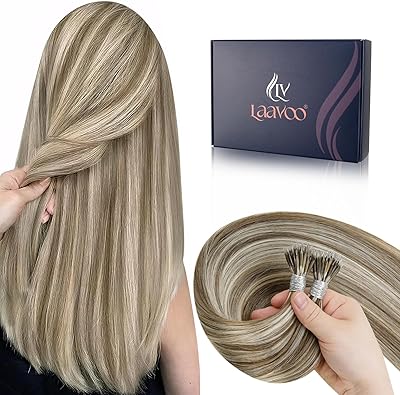 LaaVoo Nanoring Extensions Echthaar 45 cm 50 Stück 50g Farbe Aschbraun Mix Platinblond Cold Fusion Nano Tip Extensions Echthaar Glatt Haarverlängerung Nanoring #8P24