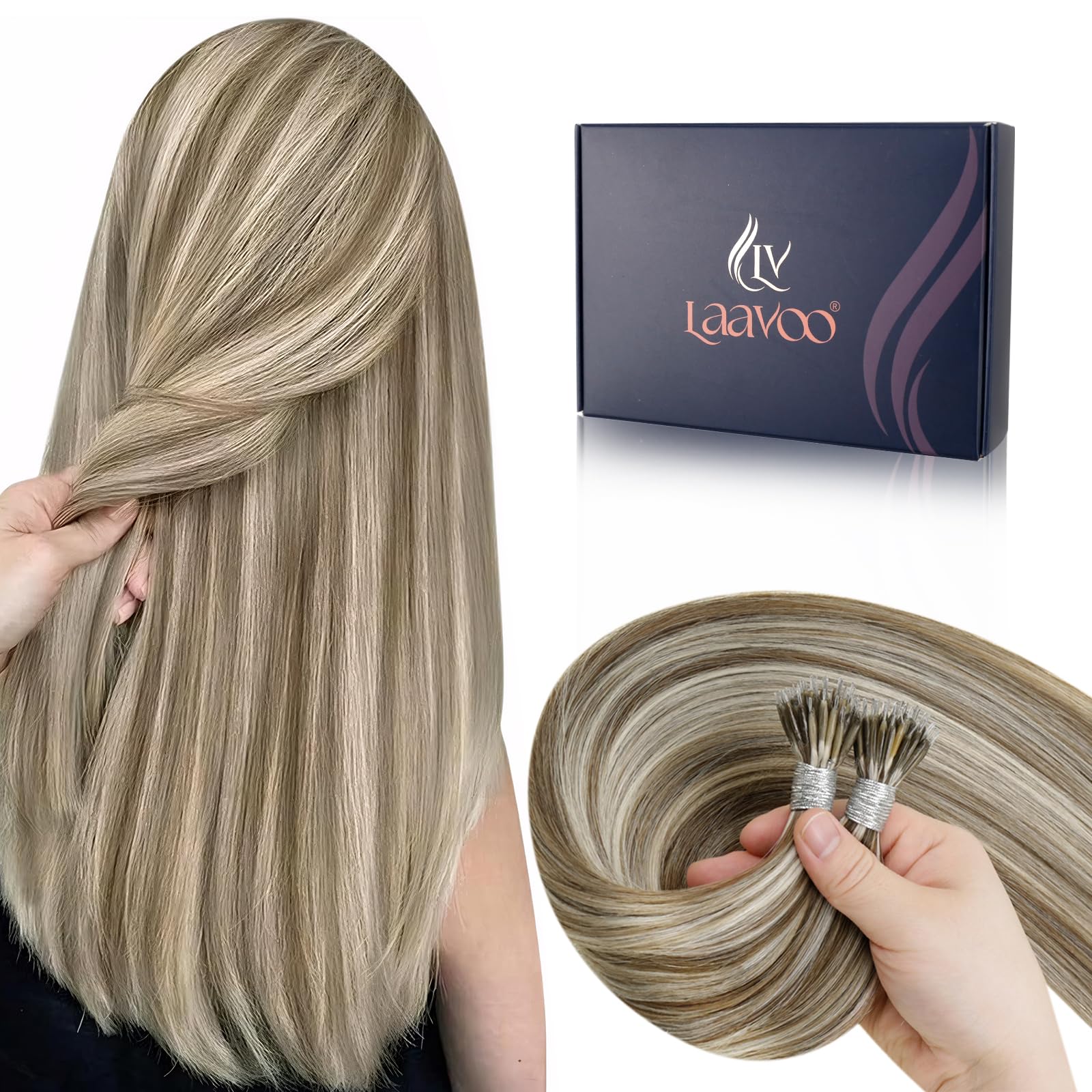 LaaVoo Nano Ring Hair Extensions Human Hair Nano Hair Extensions Brown 16 Inch Invisible Nano Beads Straight Remy Highlight Light Brown with Ashy Blonde Real Hair 50g 50s #p8/24 — image 1