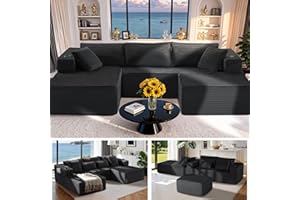 VYUXWO 108" Cloud Sectional Couch, Comfort U Shaped Boneless Couch for Living Room, Extra Deep Seats No Assembly, Minimalist Modular Sofa, Corduroy (Black, 2 Seater+Left Facing Chaise+Ottoman)