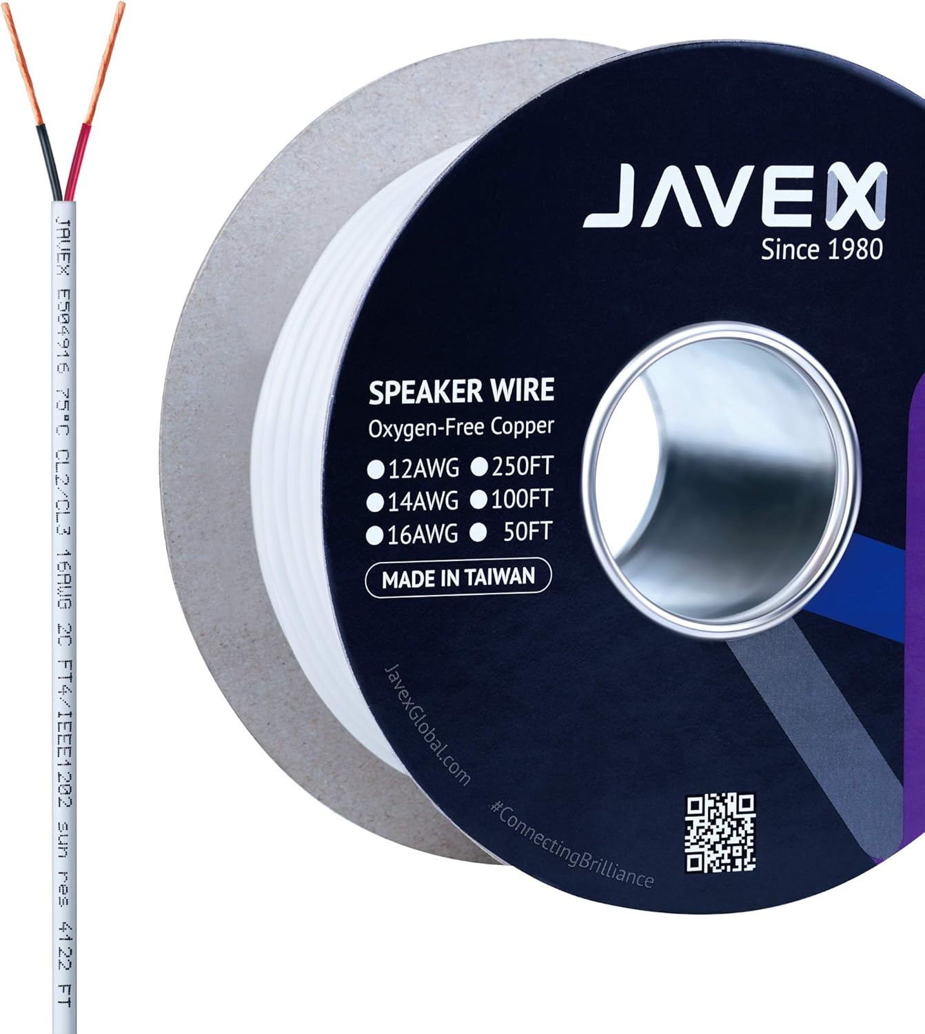 16-Gauge AWG JAVEX Speaker Wire OFC Oxygen-Free Copper 99.9% Cable CL3/CL2 Rated in-Wall for Hi-Fi Systems, Mixer, Amplifiers, AV receivers, Home Theater,Car Audio System, 50 FT, White