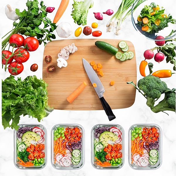 ECOBERI 4.5 CUP GLASS MEAL PREP CONTAINERS WITH LIDS & SILICONE SLEEVES, 3-PACK AIRTIGHT, LEAK-RESISTANT FOOD STORAGE CONTAINERS FOR FRIDGE, FREEZER, OVEN & MICROWAVE