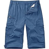 Cotrasen Men's Cargo Shorts Cotton Casual Below Knee Long Shorts Twill Elastic 3/4 Capri Pants with 7 Pockets