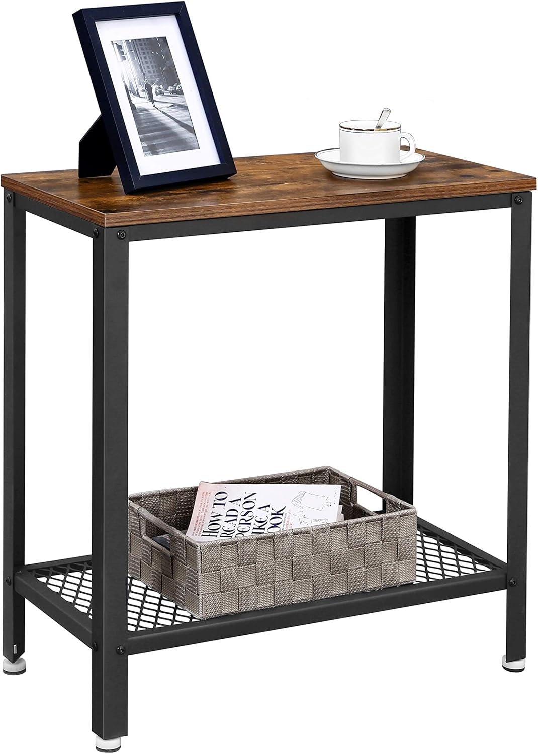 VASAGLE Industrial Side Table, 2-Tier Nightstand with Mesh Shelf, End Table for Small Spaces, Sturdy and Easy Assembly, Wood Look Accent Furniture with Metal Frame, Rustic Brown ULET31BX: Kitchen & Dining