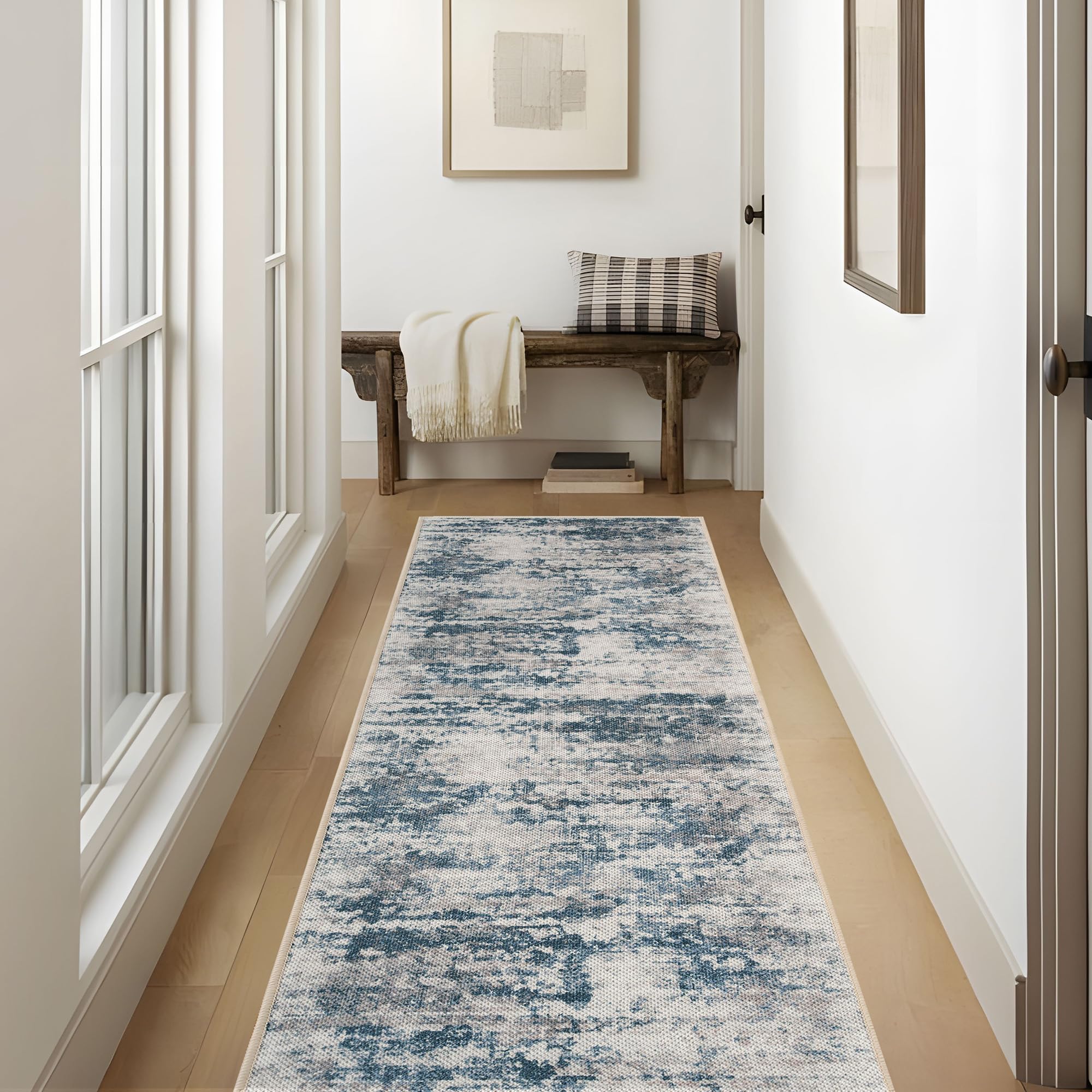Photo 1 of TTelephant Abstract Washable Runner Rug, 2.6x8 Hallway Runner Rugs, No Pile Tear and Stain Resistance, Non-Slip, Hand Woven Style Kitchen Thin Rug for High Traffic Hallway Entrance Laundry - Blue