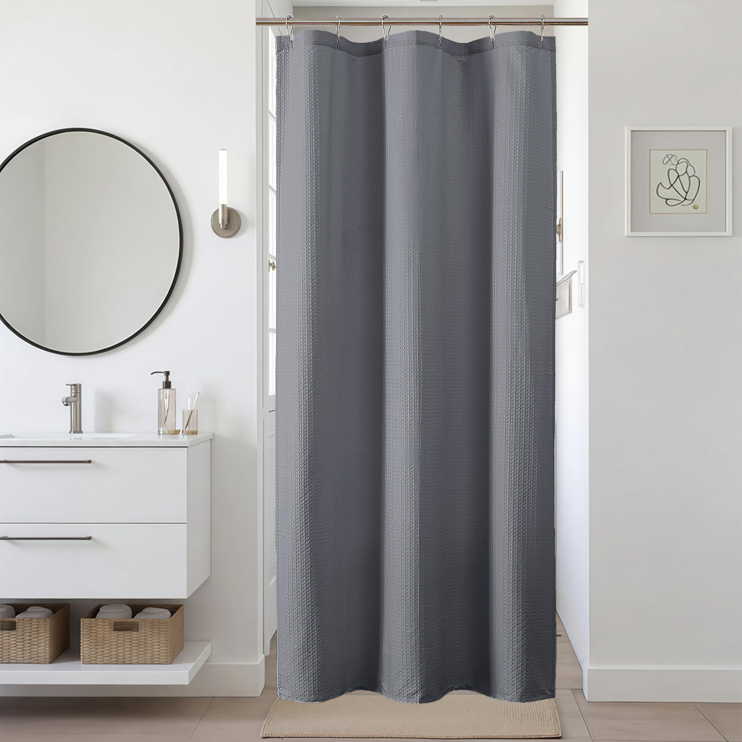 Ebesto Grey Stall Shower Curtain 36 x 72 Inch, Textured Soft Fabric Waffle Narrow Size Modern Shower Small Curtain for Bathroom Hotel, Machine Washable, Water Resistant, 36Wx72L Inches