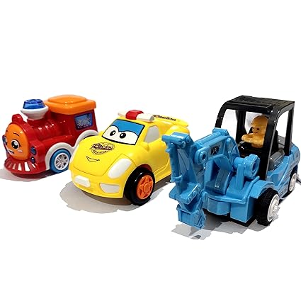 Push and Go Crawling Toy | Pull Back Transformer Car, Crane and Rail Engine for Kids