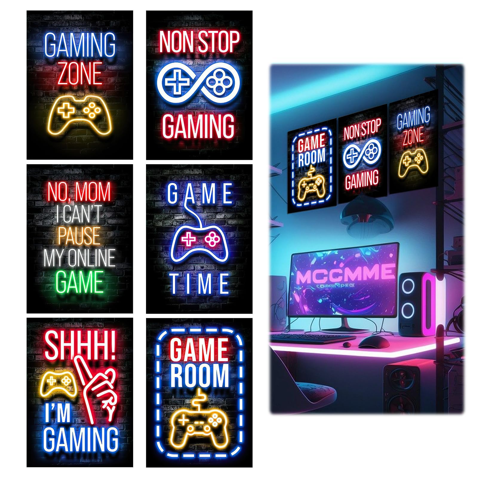 Raykce 6 Pieces Gaming Posters, Neon Style Gaming Wall Art, Waterproof Gamer Zone Wall Sticker - Game Art Prints For Boys Bedrooms, Gamer Decor For Teens Boys Girls Bedroom Cybercafe