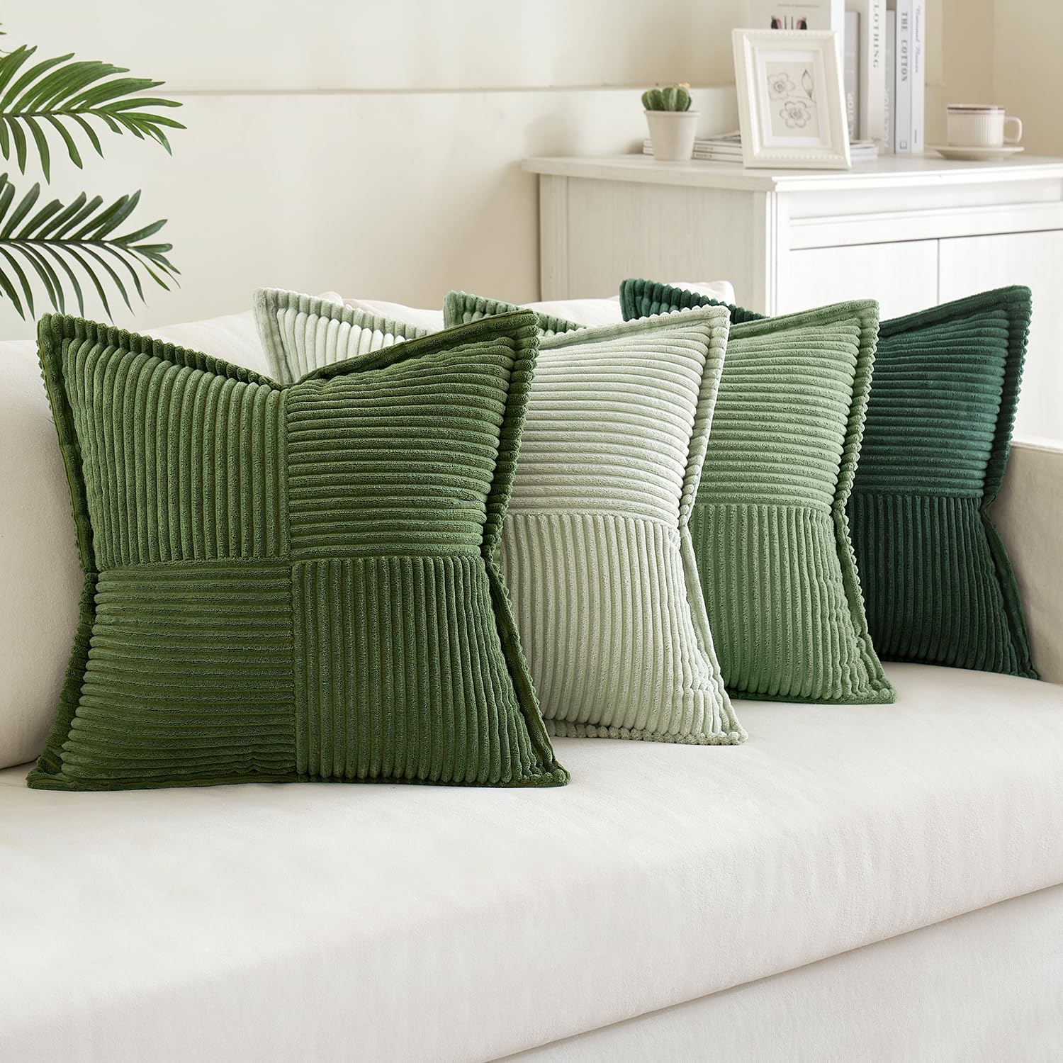 MIULEE Corduroy Cushion Covers Pack of 4 Decorative Modern Patchwork Throw Pillow Covers Soft Pillowcase Cushions for Home decor Sofa Couch with Invisible Zipper 18X18 Inch Green Series