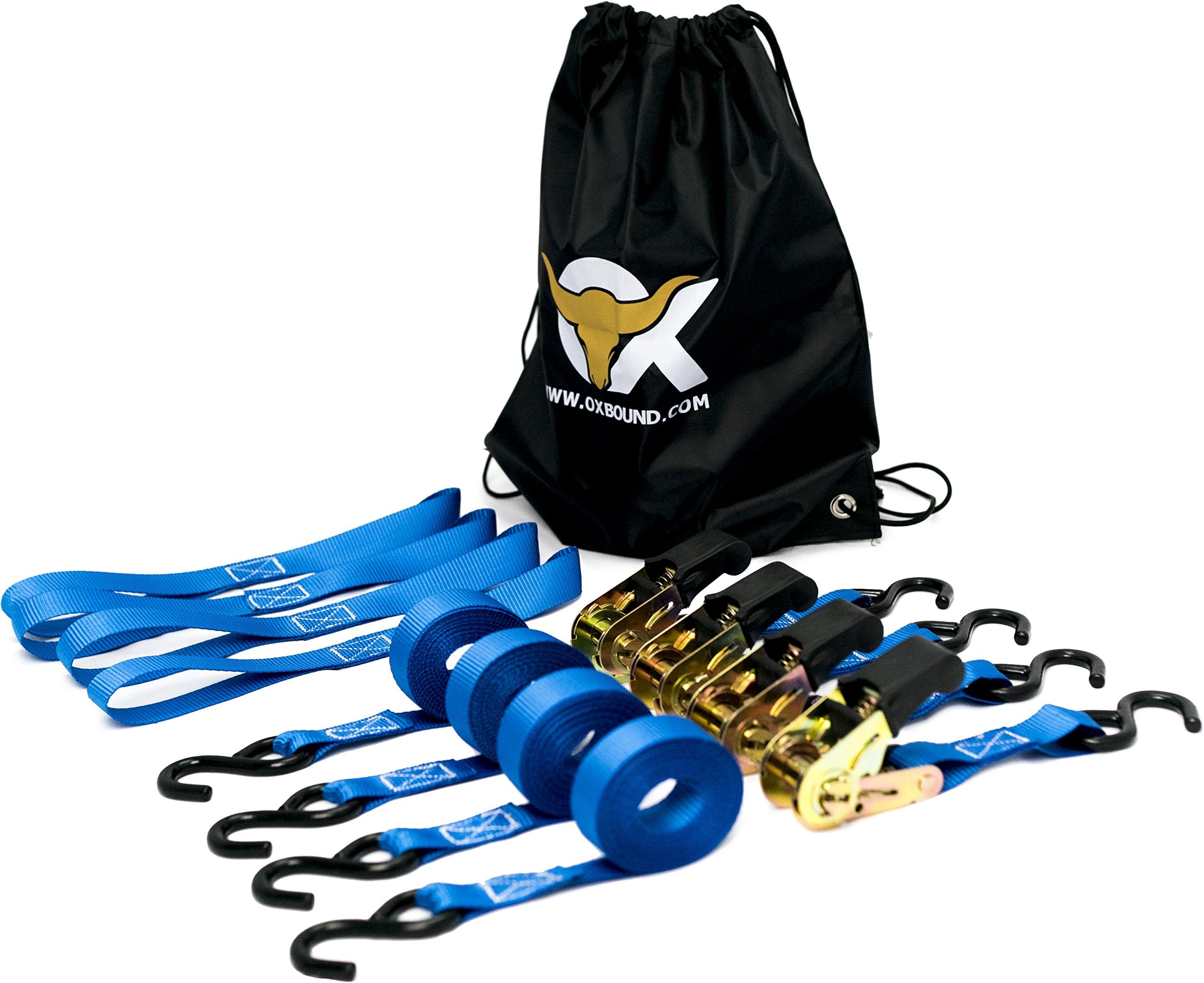 Ratchet Strap Tie Down Set (4 Pack) + 4 Free Webbing Loops & Drawstring Bag | The 15 ft Blue OxStrap by OxBound
