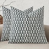 MIULEE Block Print Pillow Covers 18x18 Inch Set of 2, Vintage Floral Throw Pillow Cases Neutral Linen Farmhouse Cushion Covers for Couch Sofa Bed Chair Living Room, Dusty Blue