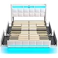 Rolanstar Queen Size Bed Frame with LED Lights and Charging Station, Upholstered Bed Storage Headboard & Drawers, Heavy Duty Wood Slats, Easy Assembly, White