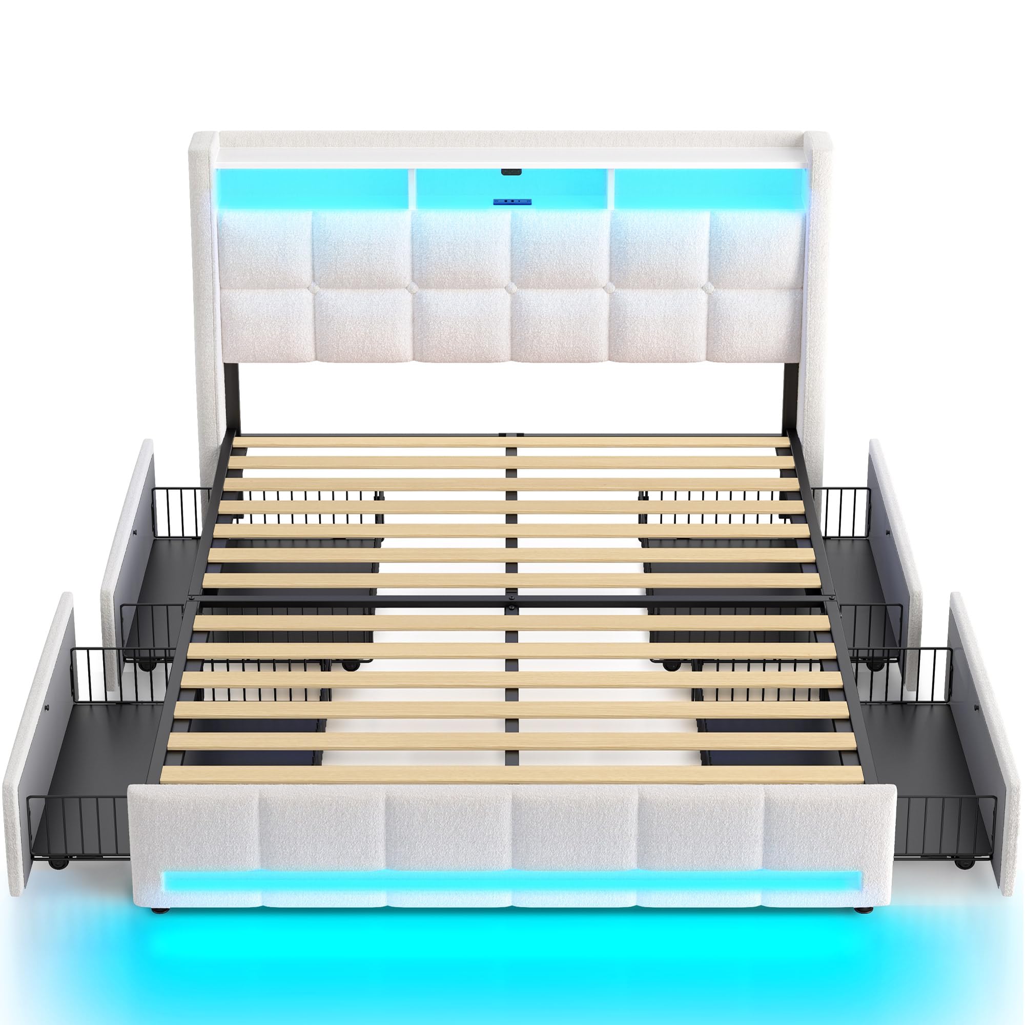 Rolanstar Queen Size Bed Frame with LED Lights and Charging Station, Upholstered Bed Storage Headboard & Drawers, Heavy Duty Wood Slats, Easy Assembly, White Image