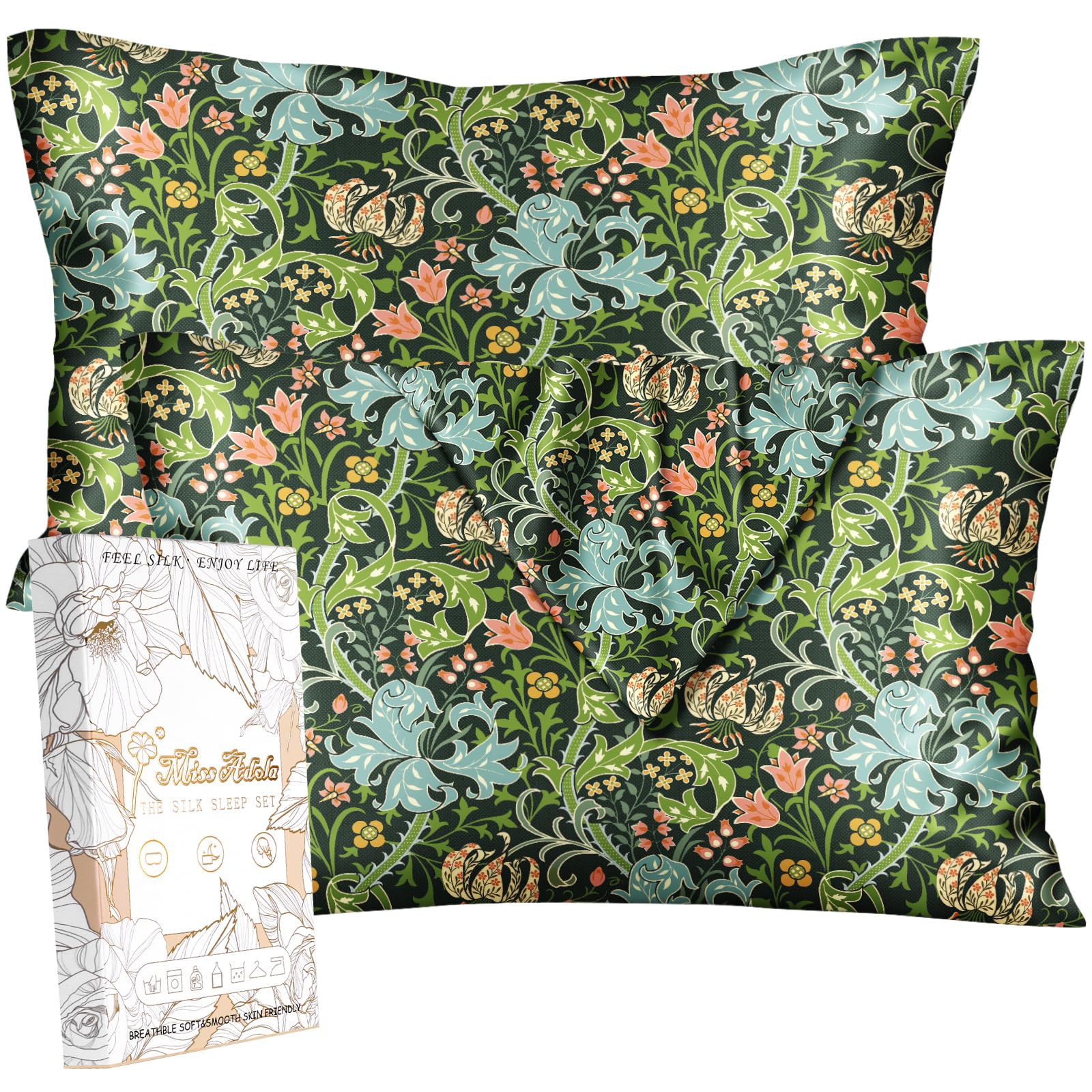 Miss Adola 2 Pack Silk Pillowcase - Queen Size 20 x 30 Inch Silky Pillow Case for Hair and Skin Soft Cute Aesthetic Bed Sleeping Pillow Cover with Zipper for Women, Green Art