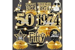 Bumqviy 9Pcs 50th Birthday Honeycomb Centerpieces Decorations with String Lights for Women Men, Black Gold Vintage 1974 Aged to Perfection Table Party Supplies, 50 Year Old Birthday Party Table Sign