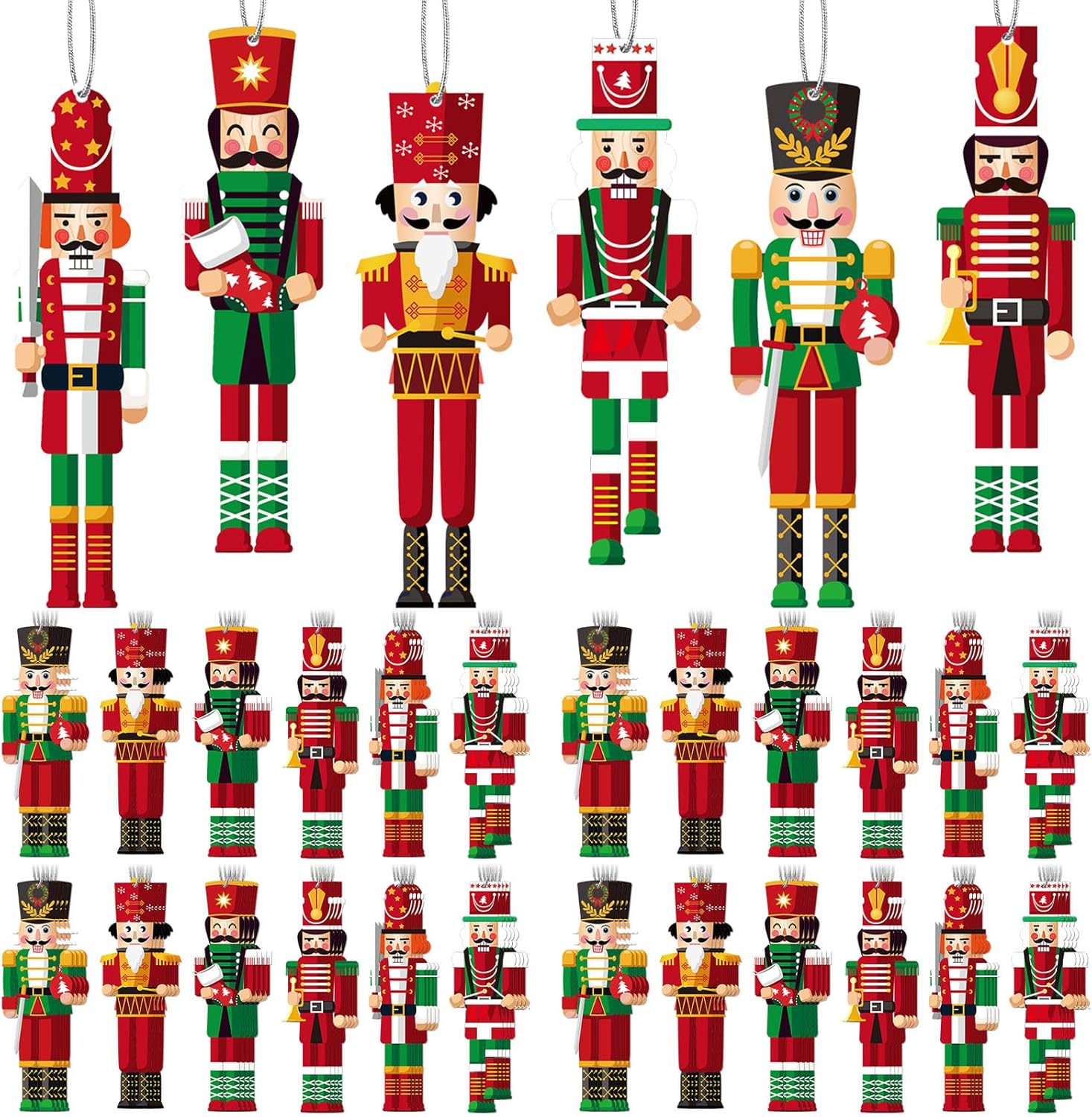 Nutcrackers - 96 Pcs Christmas Nutcracker Ornament Set Small Wooden Nutcracker Soldier Hanging Decoration King Soldier Nutcracker Christmas Decor Holiday Figures Nutcracker Tree Ornament with Ropes for Xmas Party