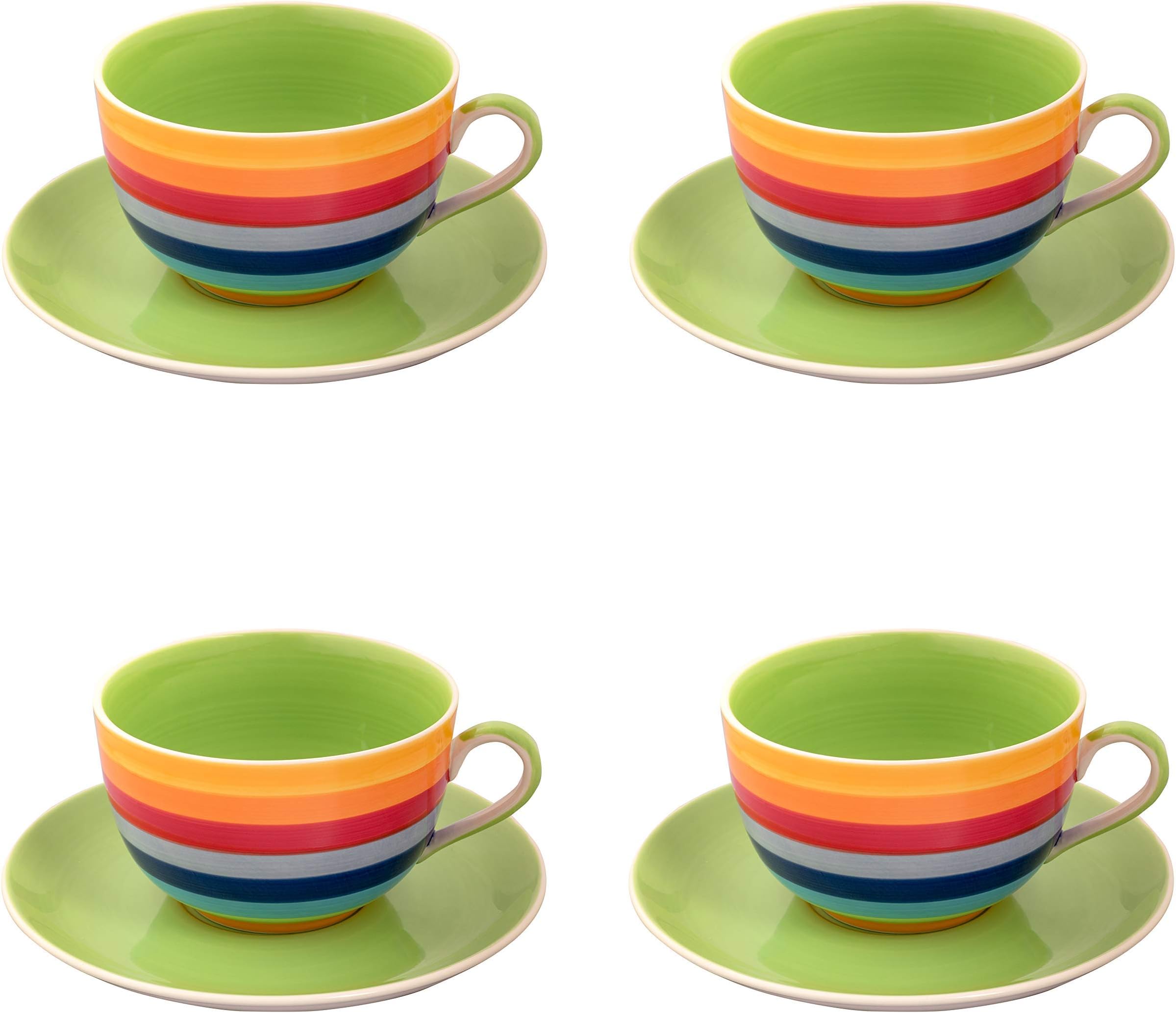 Laeto House and Home Pack of 4 Large Colourful Hand Painted Rainbow Ceramic Cup and Saucers