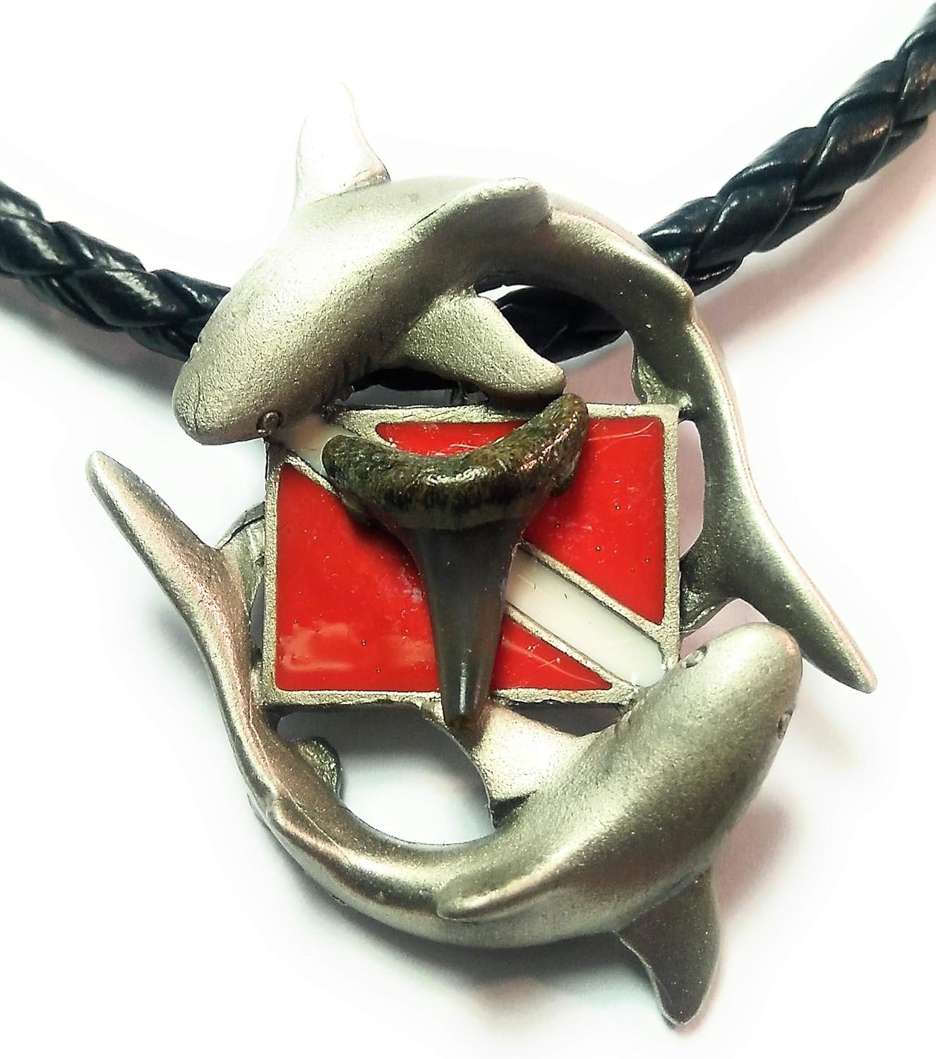 New Silver Pewter Diver's Down Flag Necklace with Prehistoric Megalodon Fossil Shark Tooth