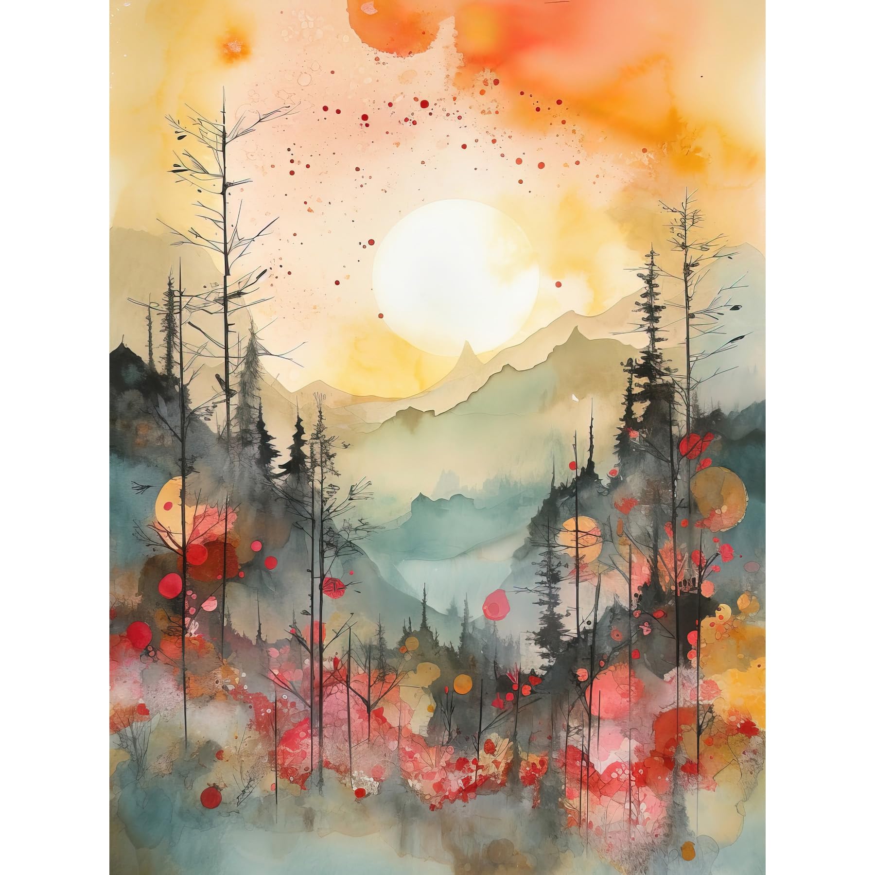 Artery8 Sunrise Over Misty Mountain Forest Landscape Modern Watercolour Painting Extra Large XL Wall Art Poster Print