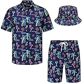 Taepoet Mens Hawaiian Shirts and Shorts Set 2 Pieces Beach Outfits Summer Vacation Tropical Suit with Bucket Hats