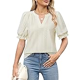 Unixseque Womens Summer Tops Business Casual Puff Sleeve Blouses V Neck Knit Shirts