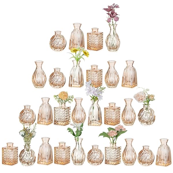 GLASSEAM GLASS SMALL VASES FOR CENTERPIECES: CUTE BUD VASES IN BULK 28 VINTAGE RUSTIC MINI VASES FOR FLOWERS CHAMPAGNE PINK CENTERPIECE VASE FOR TABLE DECOR WEDDING PARTY DECORATIONS