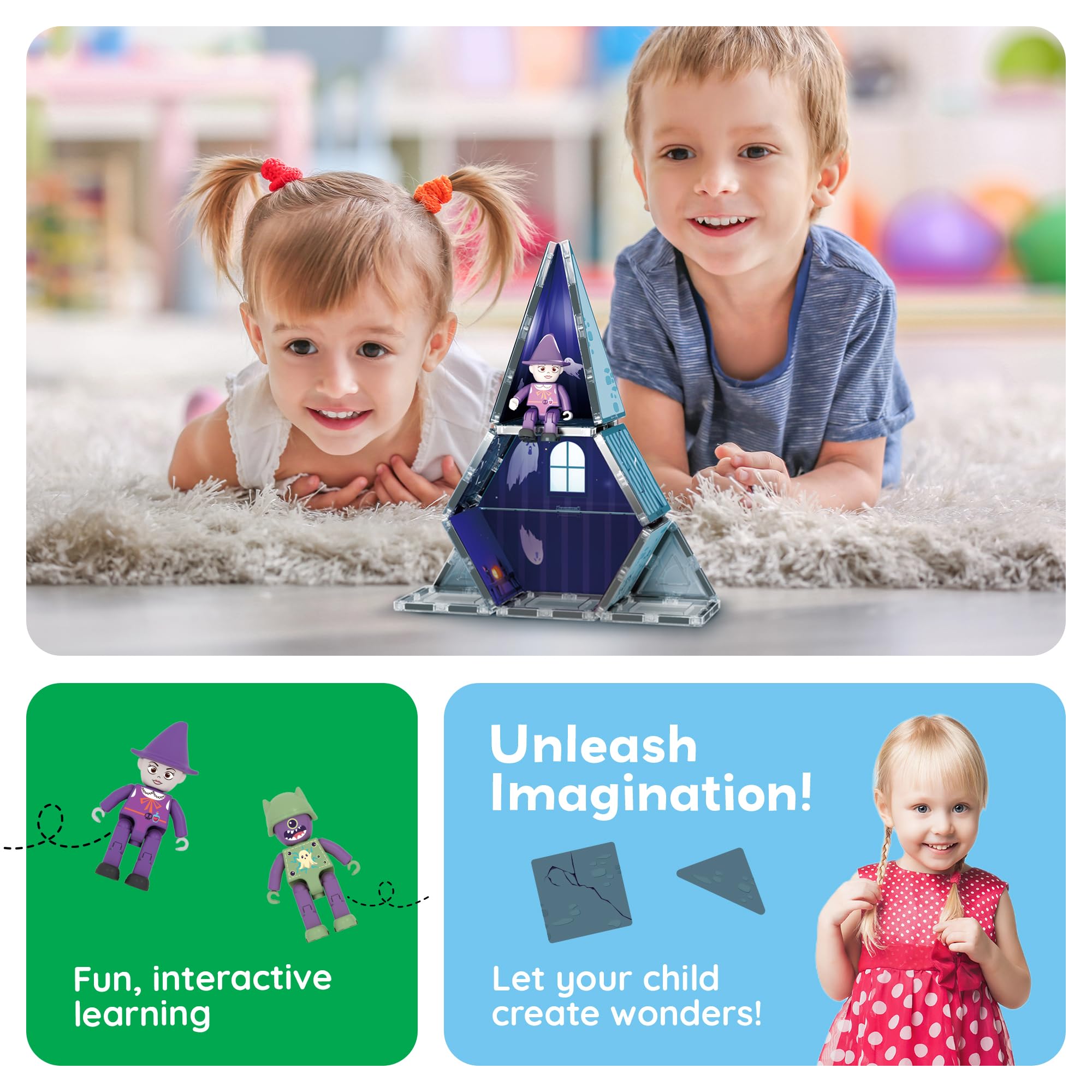 PicassoTiles Haunted House Theme Magnet Tile Building Blocks 8 Action Figures Magnetic Construction Toy Double Sided Printing Education STEM Learning Playset Halloween Adventure Kid Ages 3+ PTQ03
