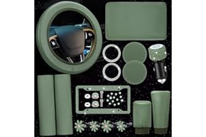TALLEW 15 Pcs Bling Car Accessories Set Leather Steering Wheel Cover Seatbelt Cover Car Ring Sticker Center Console Pad USB Port Flower Air Vent Clip(Green)