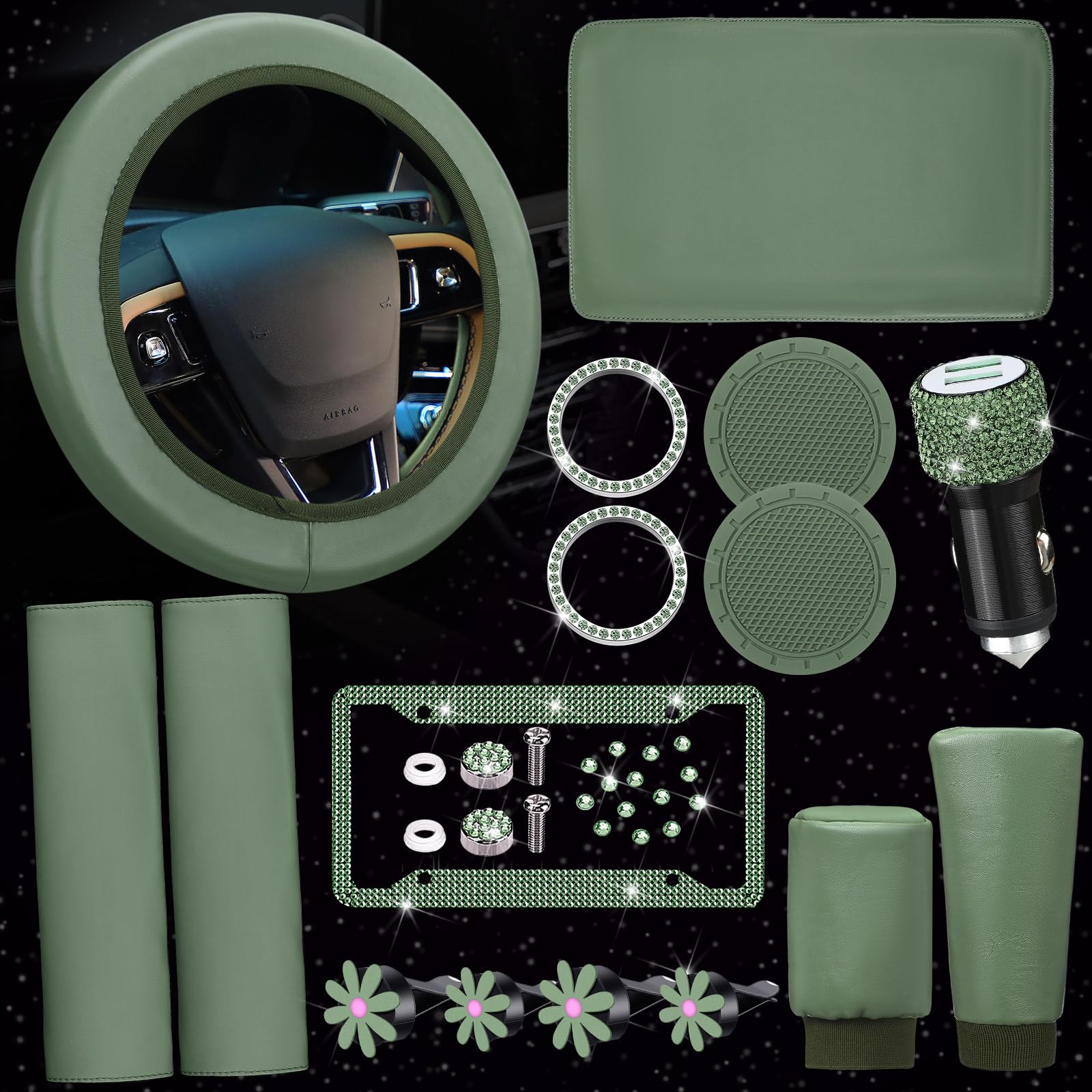 Photo 1 of 15 Pcs Bling Car Accessories Set Leather Steering Wheel Cover Seatbelt Cover Car Ring Sticker Center Console Pad USB Port Flower Air Vent Clip(Green)