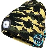Wmcaps Bluetooth Beanie with a Light, Unisex USB Rechargeable 4 LED Fashlight Hat with Cordless Headphones, Unique Christmas Birthday Gifts for Men Him Husband Teen Camouflage Green