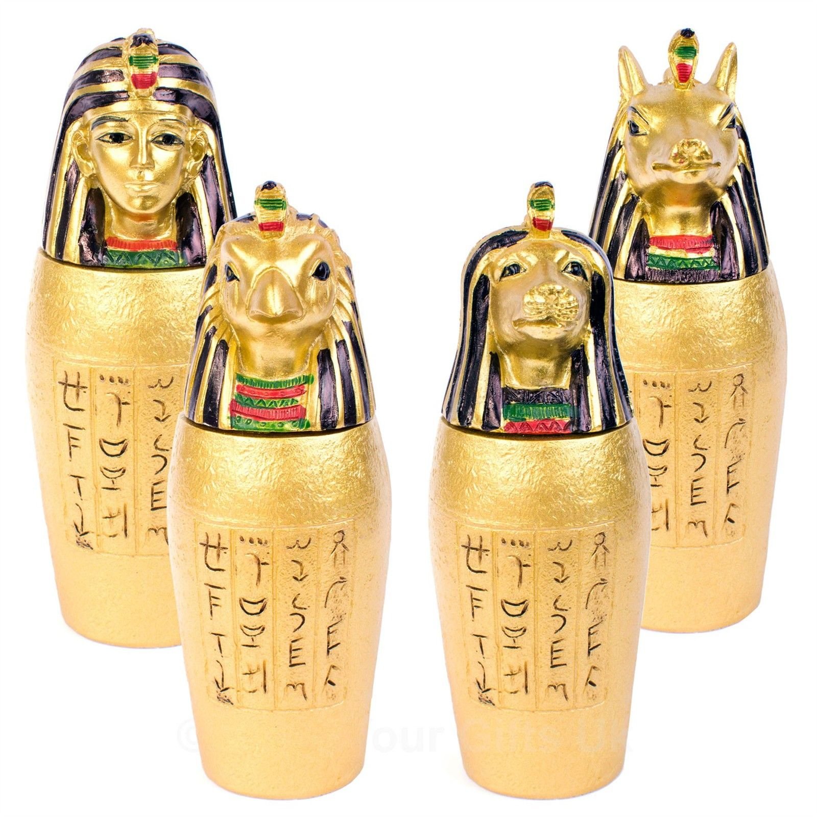 Set of 4 Egyptian Gold God Canopic Jars Statue Figure Ornament Ancient Egypt