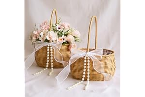 SiliFine 2 Pcs Wicker Rattan Flower Girl Basket with Bows and Pearl 11.8x8.7x5.1 Inches Rustic Wedding Basket for Flower Girl, Hand Woven Willow Storage for Ceremonies Home Decoration (Classic)