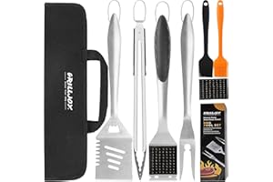 grilljoy 8PCS BBQ Grill Tools Set with Extra Thick Stainless Steel Spatula, Fork, Tongs & Cleaning Brush - Complete Barbecue Accessories Kit with Portable Bag - Perfect Grill Gifts for Men Black