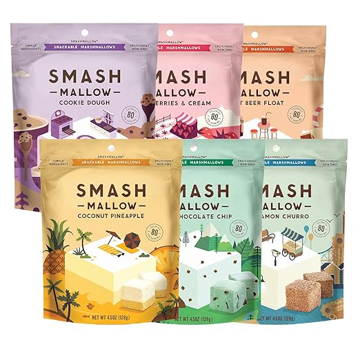 Mallow Out Variety by SMASHMALLOW | Snackable Marshmallows | Churro, Mint Chocolate, Strawberry, Cookie Dough, Root Beer, Coconut Pineapple | Non-GMO, Organic Cane Sugar, Gluten-free | Pack of 6