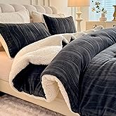 tohrisa 3D Striped Jacquard Sherpa Comforter Set Queen Size, Boho Geometric Pattern Quilt Bedding 3 Pieces Warm Cozy Fuzzy Comforter with 2 Pillowcases(90"X90" Dark Grey)