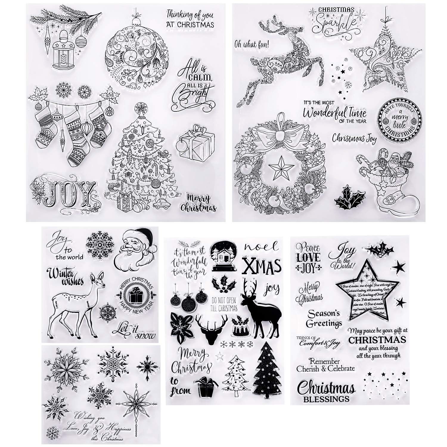 6 Sheets Christmas Themed Clear Stamps Different Style Silicone Stamps with Snowflake Santa Deer Tree for Card Making Decoration and DIY Scrapbooking