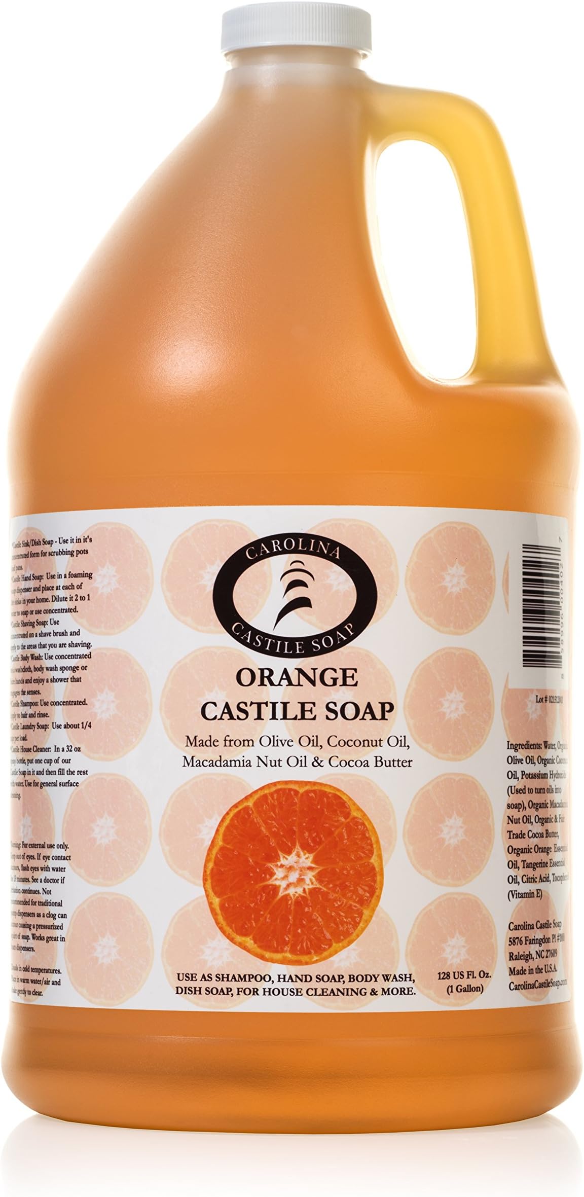Orange Castile Soap - 1 Gallon Olive Oil Soap - Certified Organic Cocoa Butter Soap in Refill Size Citrus Soap works great as Organic Body Wash by Carolina Castile Soap