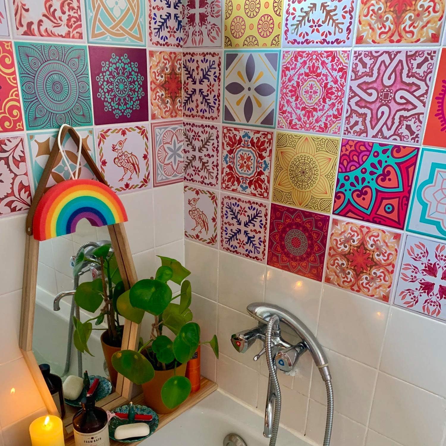 WALPLUS 72pcs 15x15cm Moroccan Mandala Red Tile Stickers Self Adhesive Waterproof Vinyl Transfers for Kitchen Bathroom Wall Splashback Decoration - Image 4