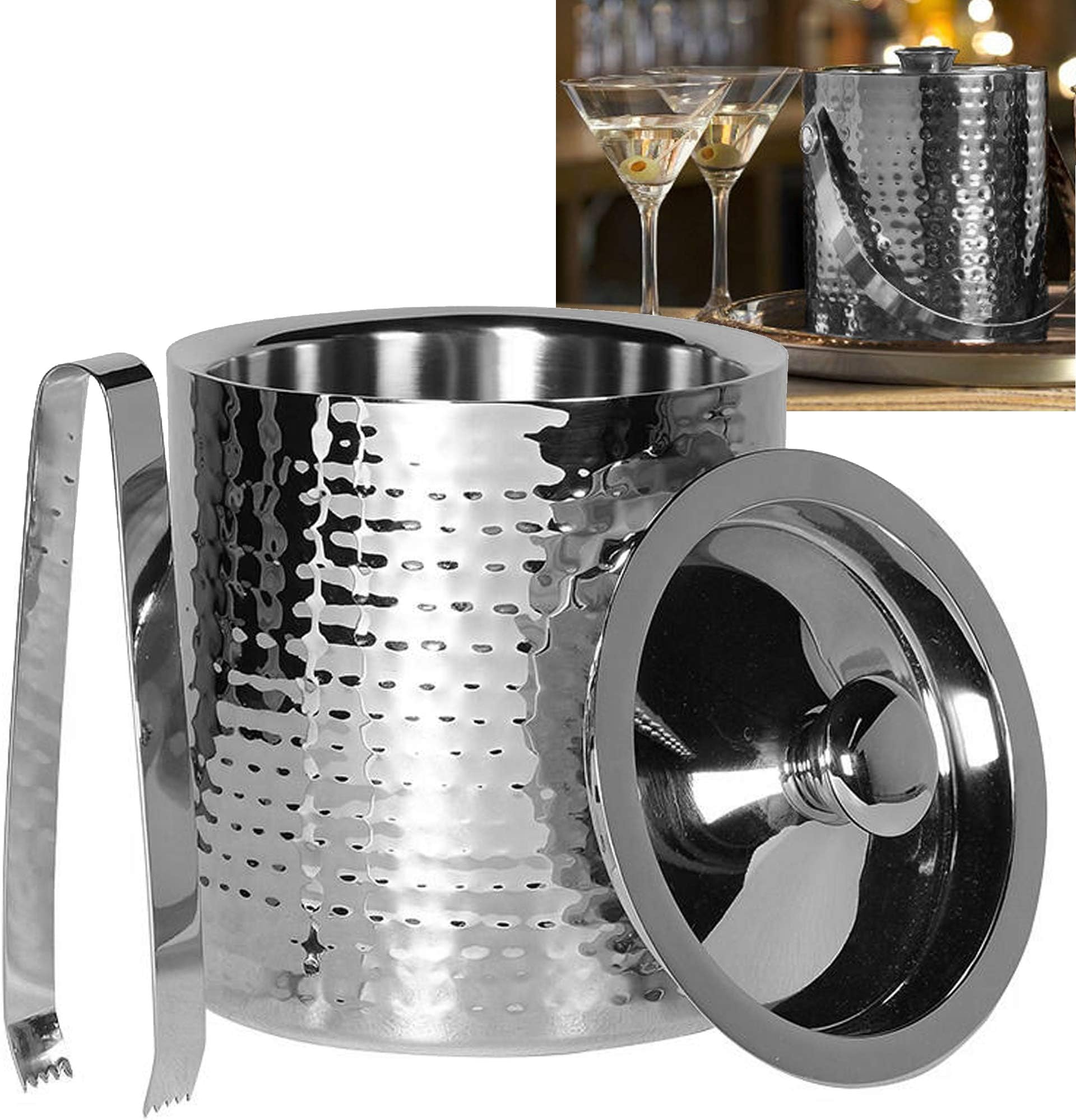 Evelyn Living Ice Bucket with Lid & Tongs Large 2 Litre Double Walled Insulated Stainless Steel Champagne Wine Beer Drink Ice Cooler Chiller Bar Party Home