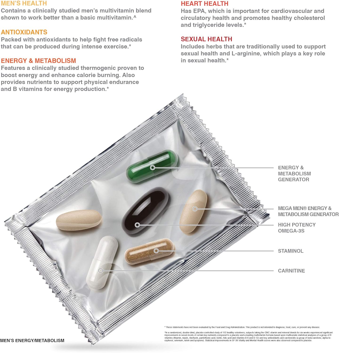 GNC Mega Men Energy & Metabolism Vitapak, 30 Packs, Promotes Energy