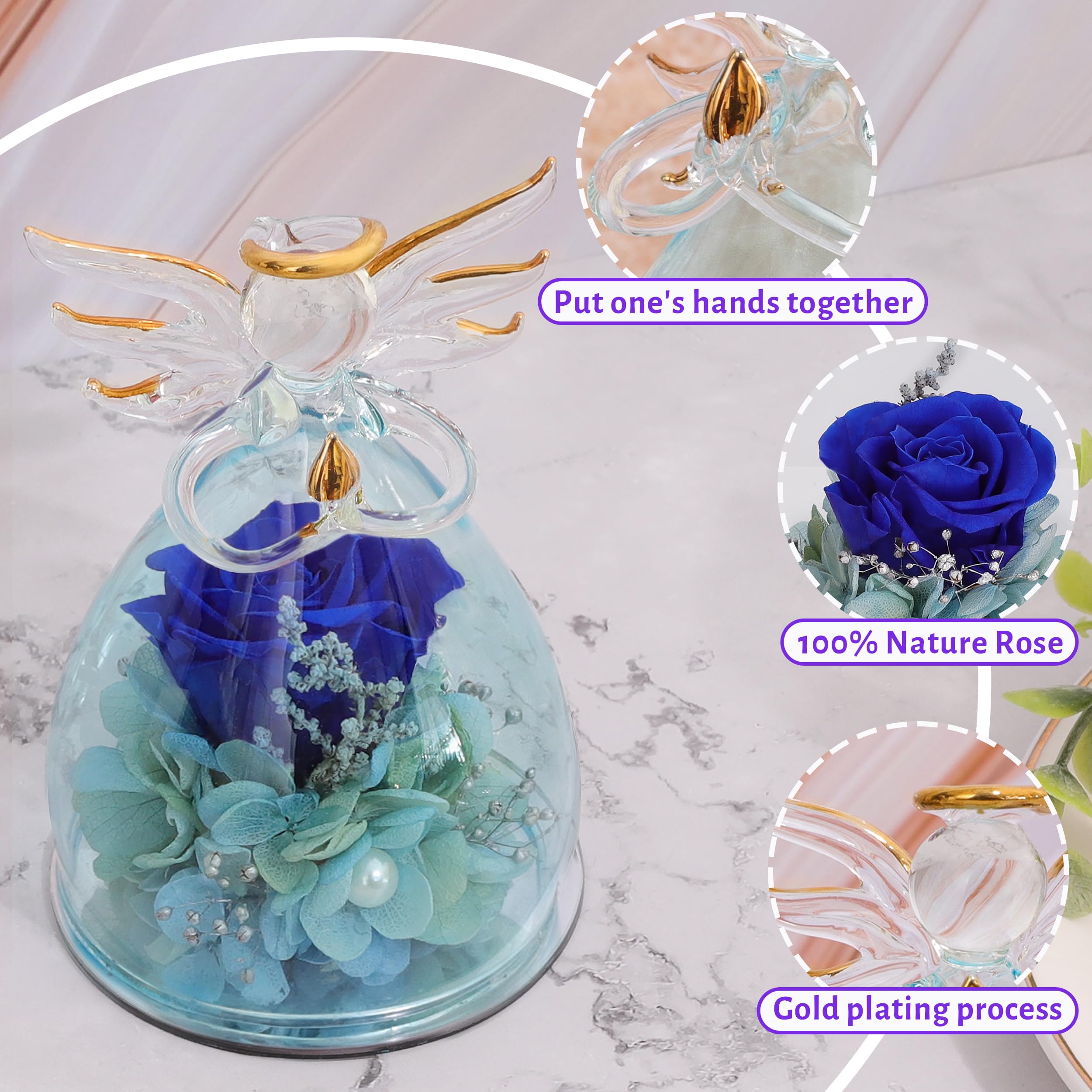 ANLUNOB Preserved Flower Rose with Angel Figurines -Birthday, Christmas, Mothers