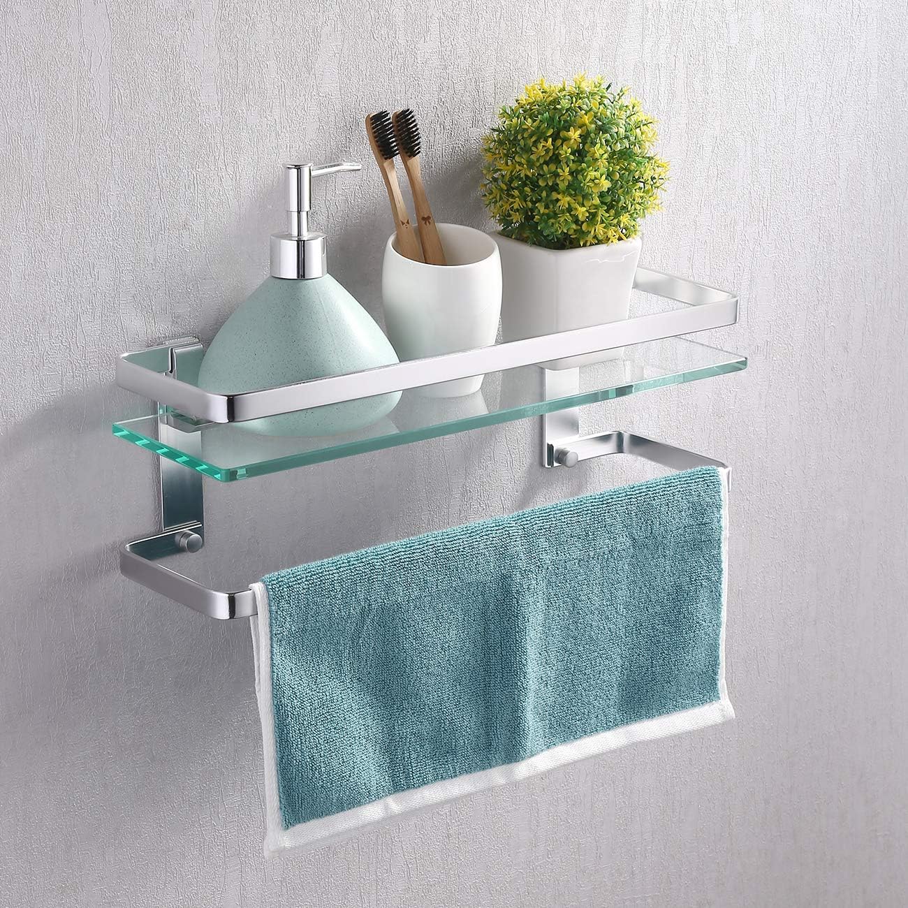 KES Bathroom Glass Shelf with Anodized Aluminum Towel Bar and Rail Extra 8 MM-Thick Tempered Glass Rustproof Retangular Storage Organizer Wall Mount Silver, A4127A: Home & Kitchen