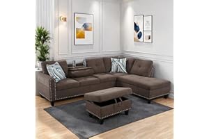 ChicFurnit L Shaped Couch with Ottoman, Convertible Modular Sectional Sofa with Reversible Cup Holder, Lounge Sofa Sectional Couches for Living Room, Bedroom, Brown