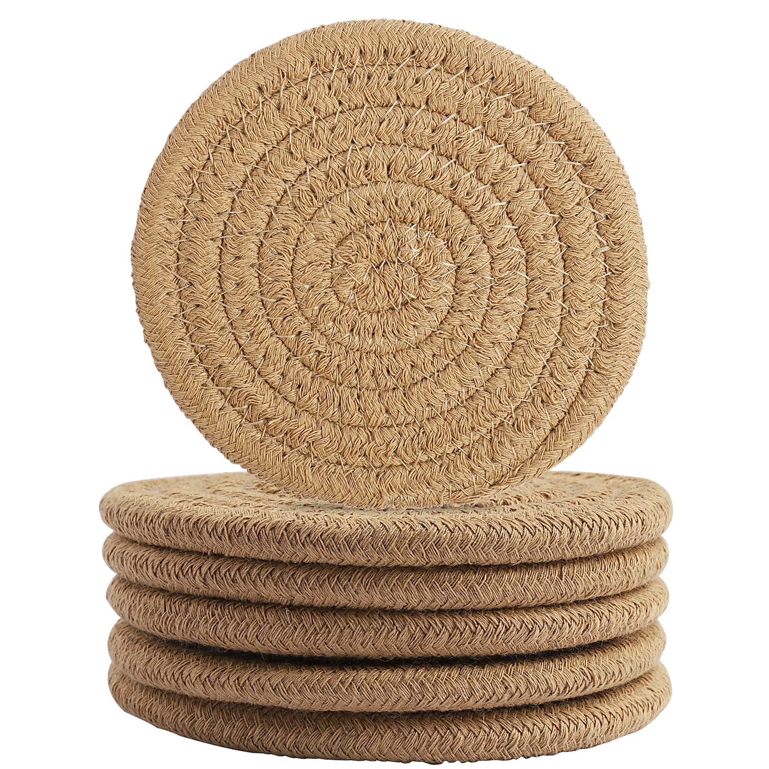 6Pcs Round Woven Coasters - Heat-Resistant Beverage Coasters for Household and Kitchen